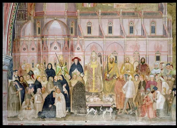 Die Kirche Militante und Triumphierende, Detail der weltlichen Autoritäten mit Santa Maria del Fiore im Hintergrund, aus der Spanischen Kapelle, ca. 1369 (Detail)